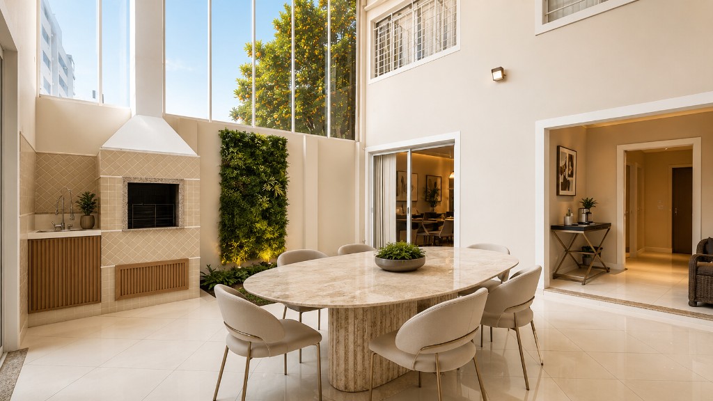 Área de lazer da Casa Folloni com churrasqueira, jardim vertical e mesa de mármore